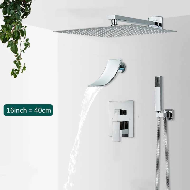 Quyanre Wall Mount Bathroom Rain Waterfall Shower Faucets Set Concealed Chrome Shower System Bathtub Shower Mixer Faucet Tap
