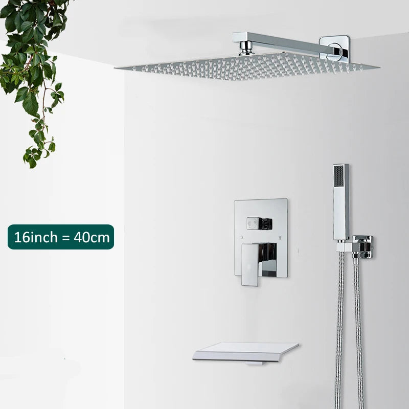 Quyanre Wall Mount Bathroom Rain Waterfall Shower Faucets Set Concealed Chrome Shower System Bathtub Shower Mixer Faucet Tap