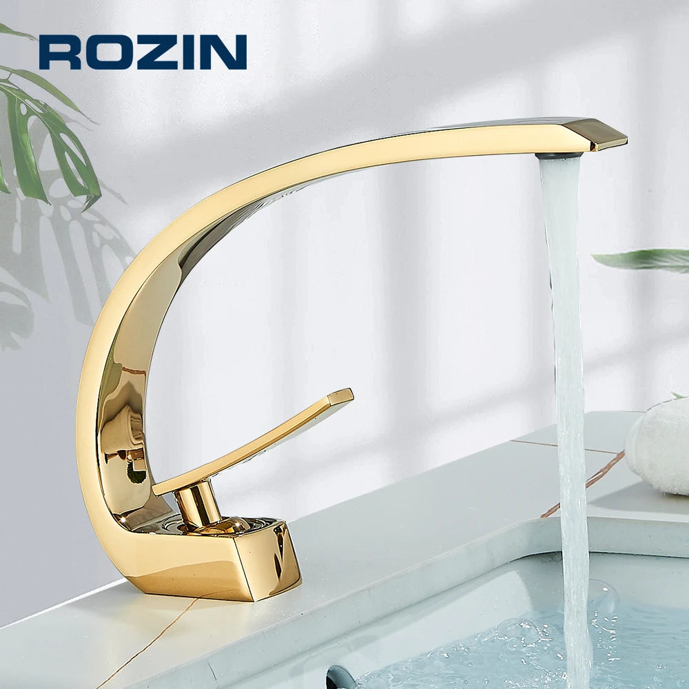 Rozin Black Bathroom Basin Faucet Deck Mounted Single Level Chrome Washing Basin Hot Cold Water Mixer Tap Faucets Luxury Style